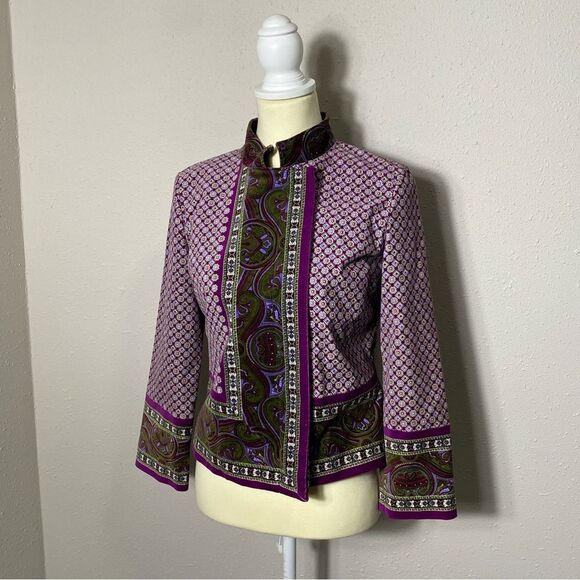 Isaac Mizrahi Purple Paisley Printed Standing Collar Velvet Blazer Women's Small - Picture 12 of 16